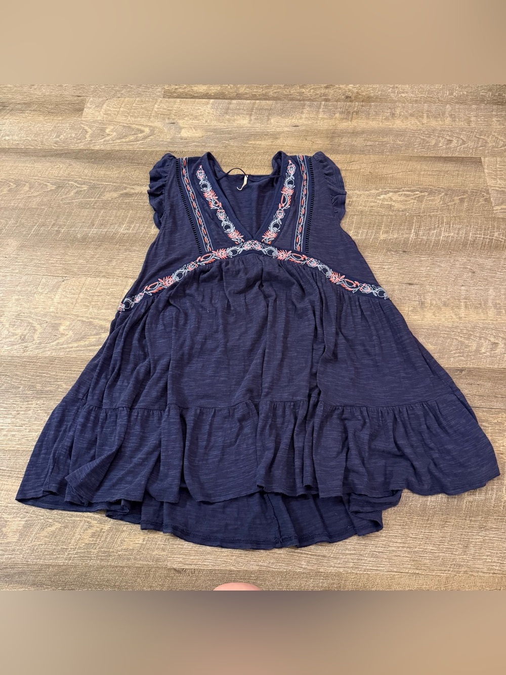 Free People Navy Embroidered V-Neck Tiered Midi Dress
